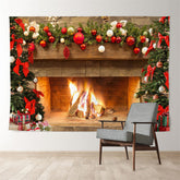 Aperturee - Xmas Warm Fireplace Red Bauble Family Backdrop